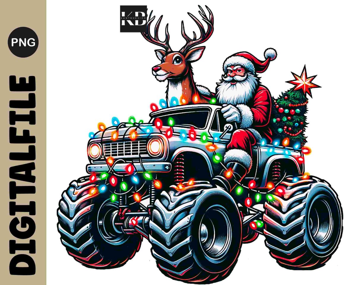 Festive Santa Monster Truck Christmas Lights SVG PNG Clipart for