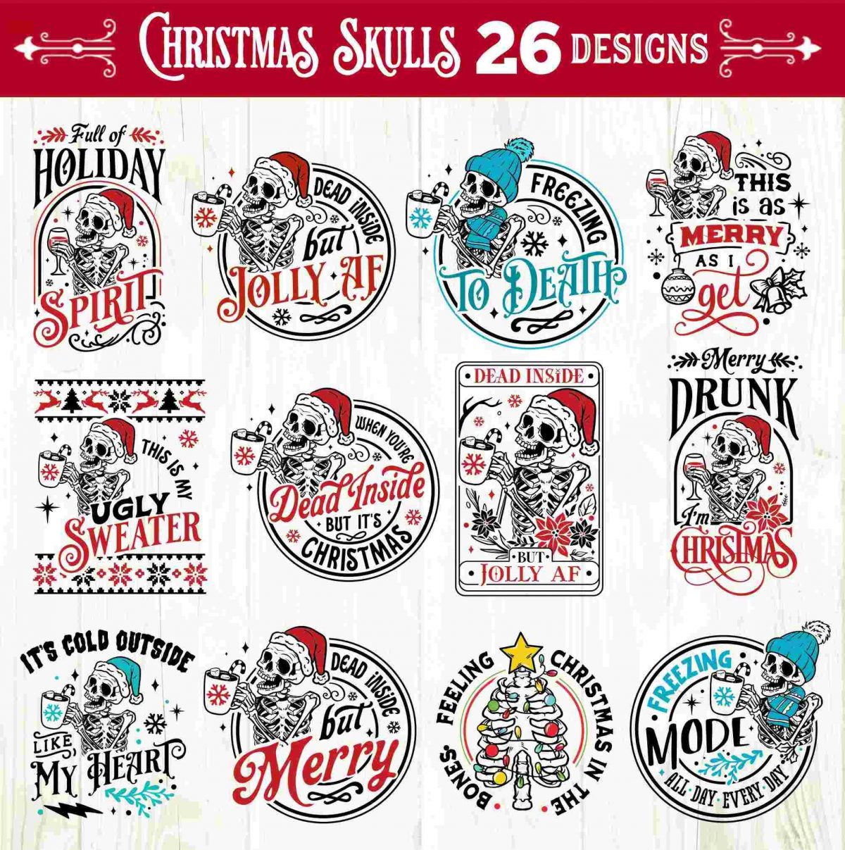 Festive Skulls Bundle Christmas Skeleton Funny SVGs