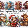 Festive Watercolor Highland Cow Clipart Bundle 12 PNG Images for