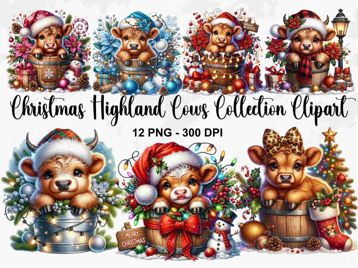 Festive Watercolor Highland Cow Clipart Bundle 12 PNG Images for