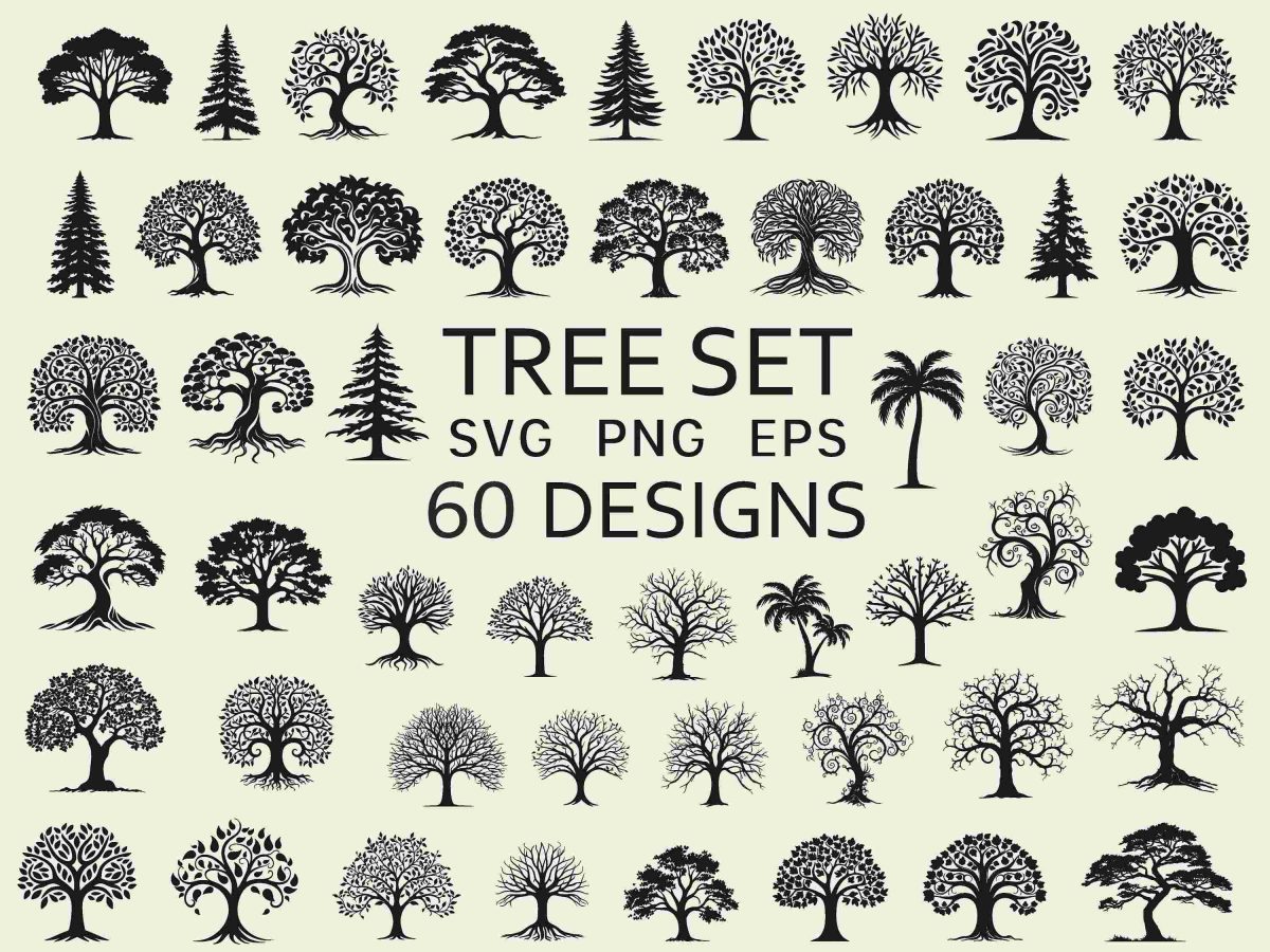 Forest Tree Silhouette Bundle Hand Drawn PNG SVG Commercial Use