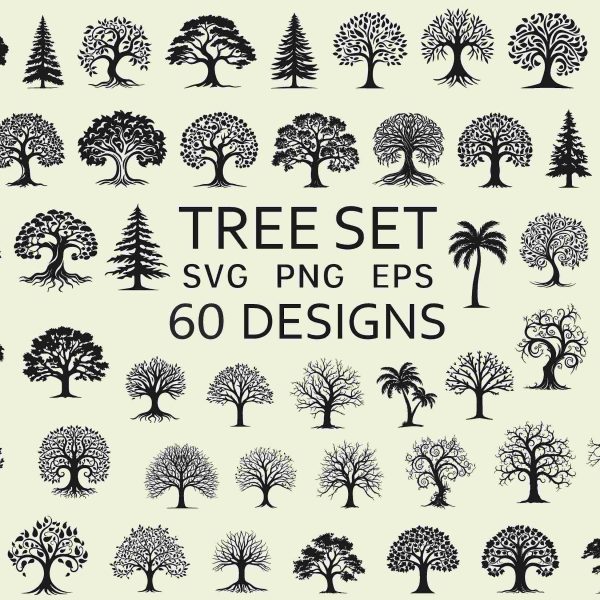 Forest Tree Silhouette Bundle Hand Drawn PNG SVG Commercial Use