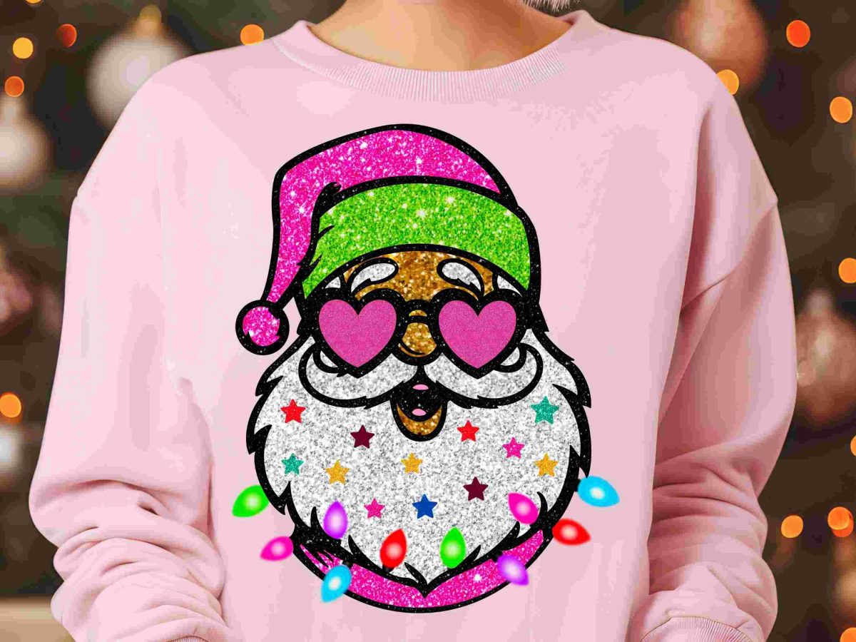 Funky Santa with Sunglasses Christmas Shirt Design in Sparkly Glitter