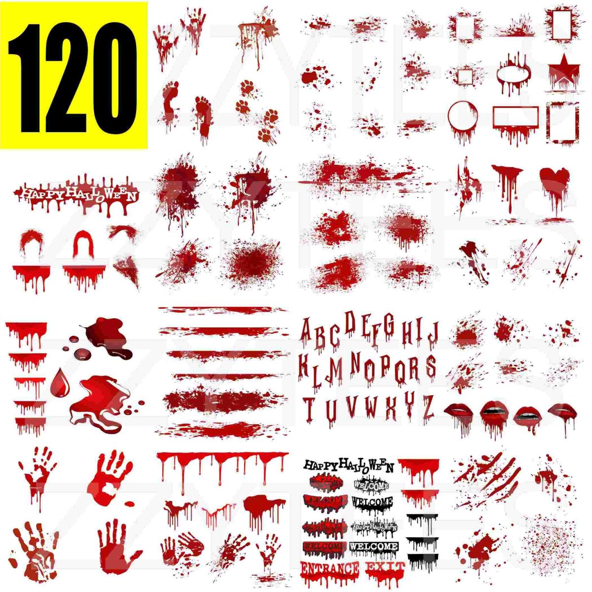 Get 120 Authentic Splatter Blood PNGs Ideal for Spooky DIY Download