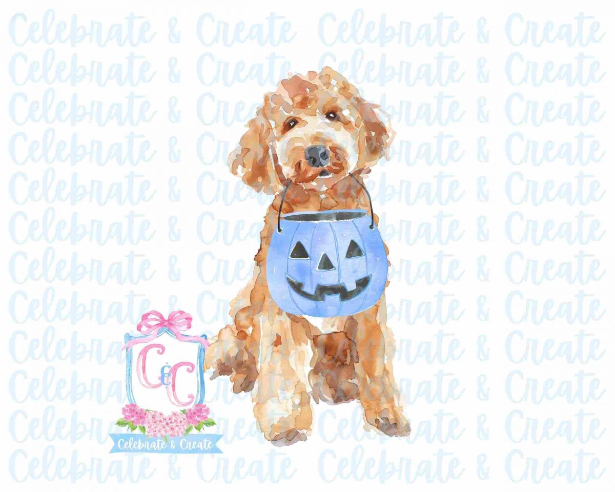 Golden Doodle Labradoodle Dog Halloween Watercolor Bow Pumpkin Candy