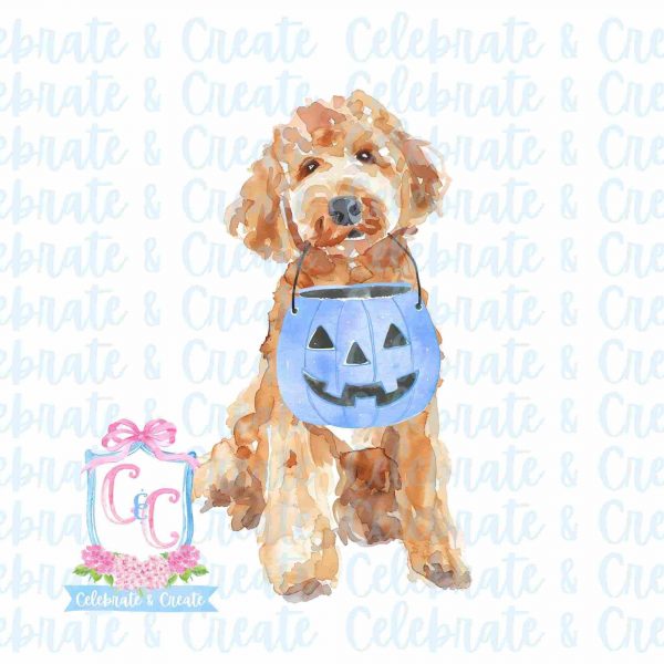 Golden Doodle Labradoodle Dog Halloween Watercolor Bow Pumpkin Candy