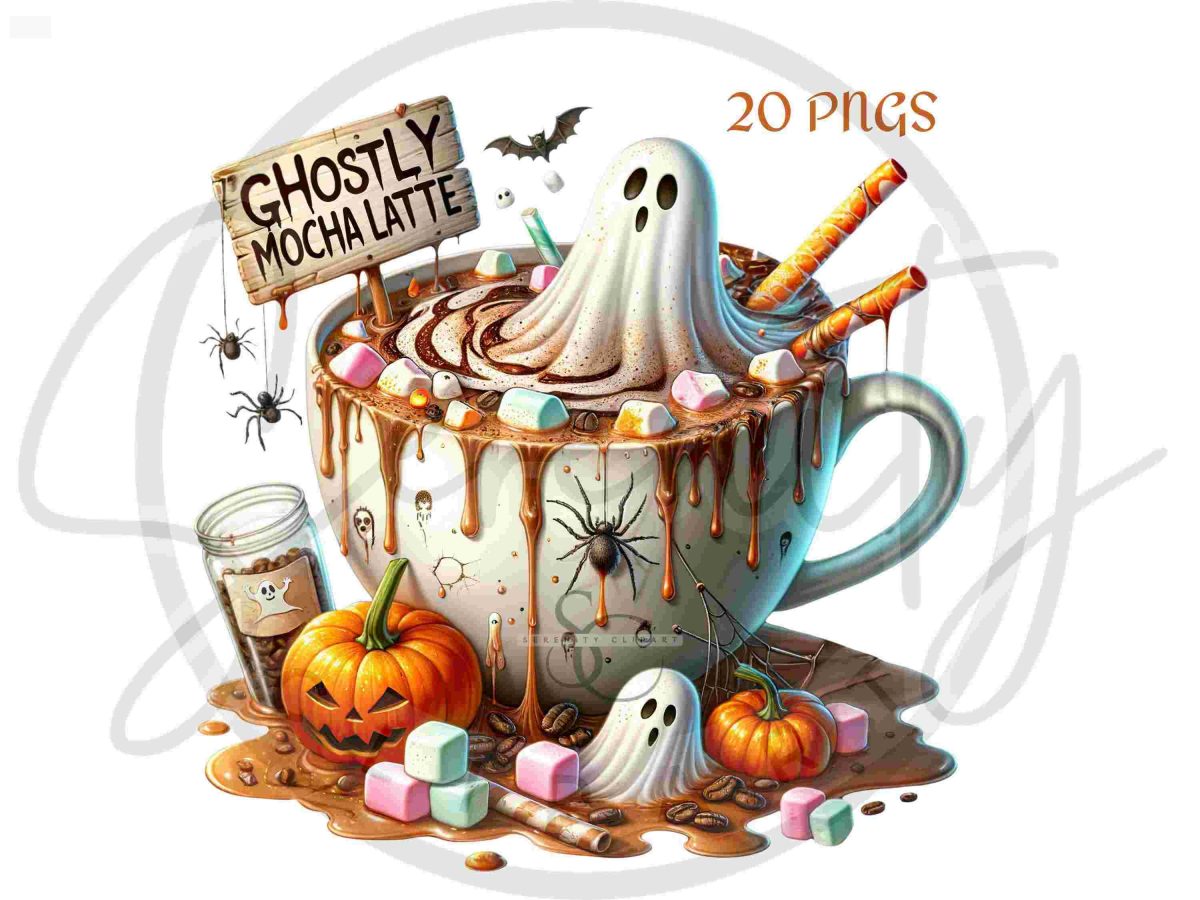 Gothic Halloween Coffee Clipart Bundle 20 PNGs Pumpkin Witch Instant