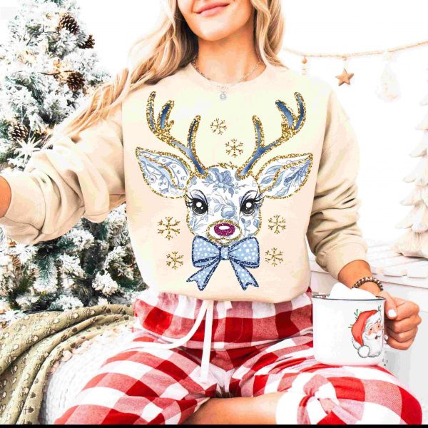 Grand millennial Colorful Glitter Christmas Reindeer Png Reindeer Christmas Png Christmas Coquette Bow Toile Christmas Png brushstroke Png