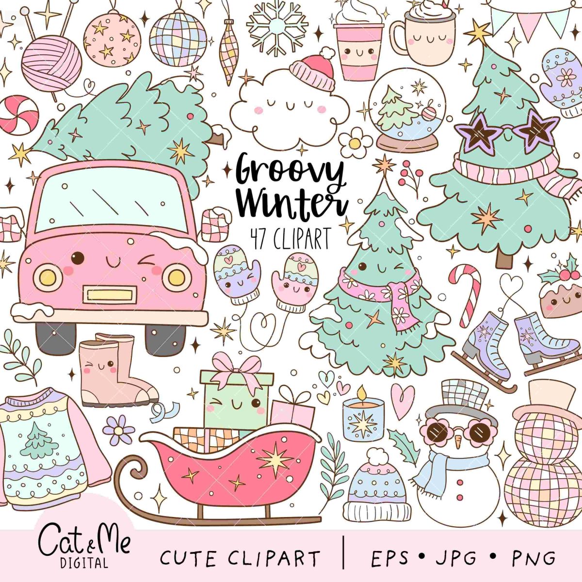 Groovy retro winter clipart Christmas clipart Winter vibes png Pastel cozy winter png Trendy winter png Disco ball Snowman Winter gift png