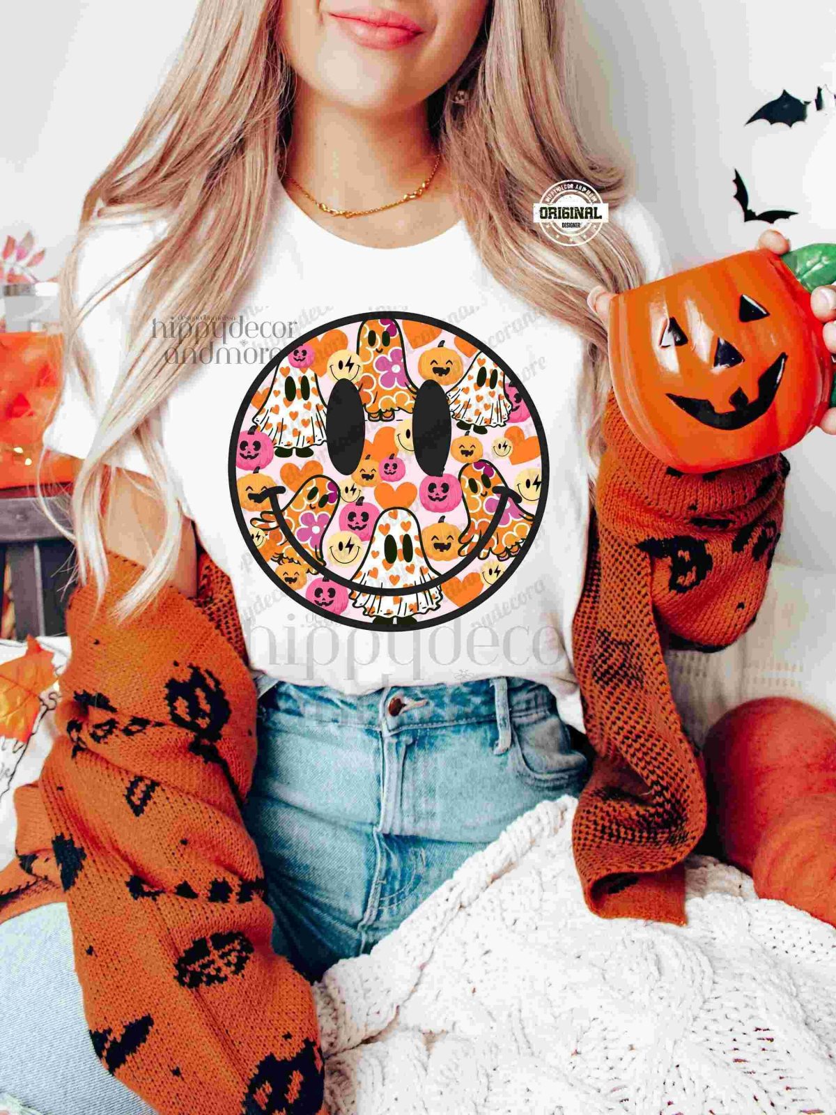 Halloween Smiley Face Cute Ghost Sublimation Design for Fall Shirts