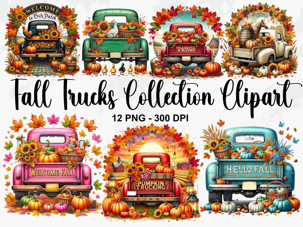 Hello Fall Watercolor Trucks Collection 12 PNG Clipart Farm Truck