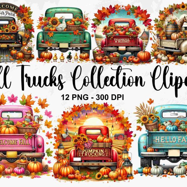 Hello Fall Watercolor Trucks Collection 12 PNG Clipart Farm Truck