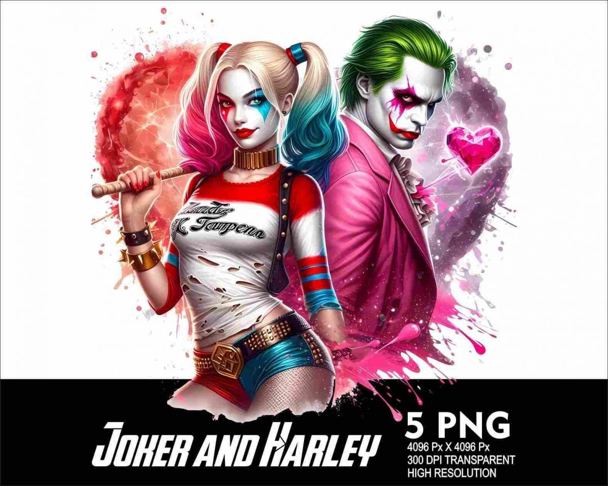 HighRes 300Dpi Joker Love Harley Splash PNGs for Sublimation DTG