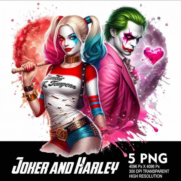 HighRes 300Dpi Joker Love Harley Splash PNGs for Sublimation DTG