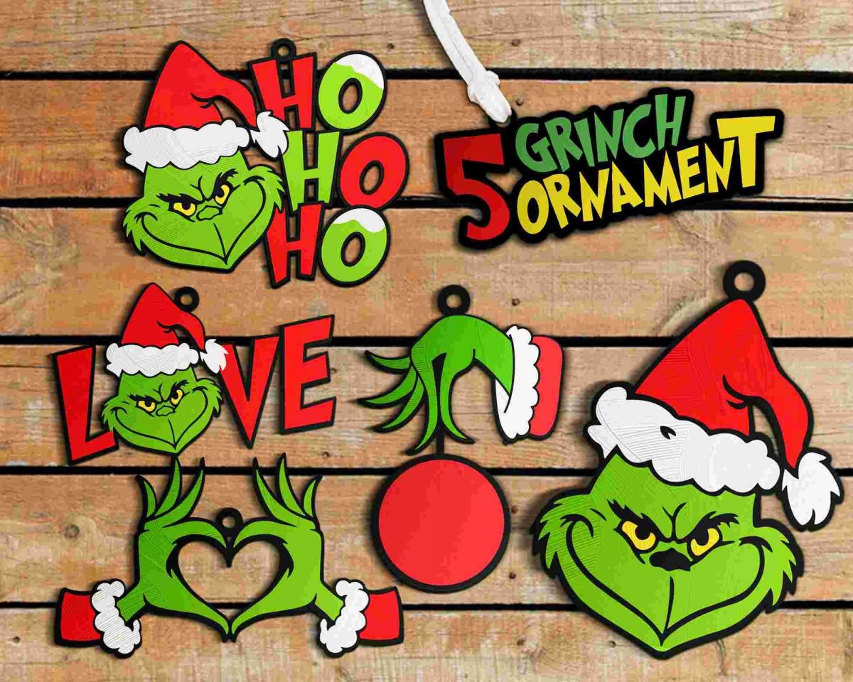 Intricate Grinch Face Ornament Laser Cut Wood Holiday Design SVG