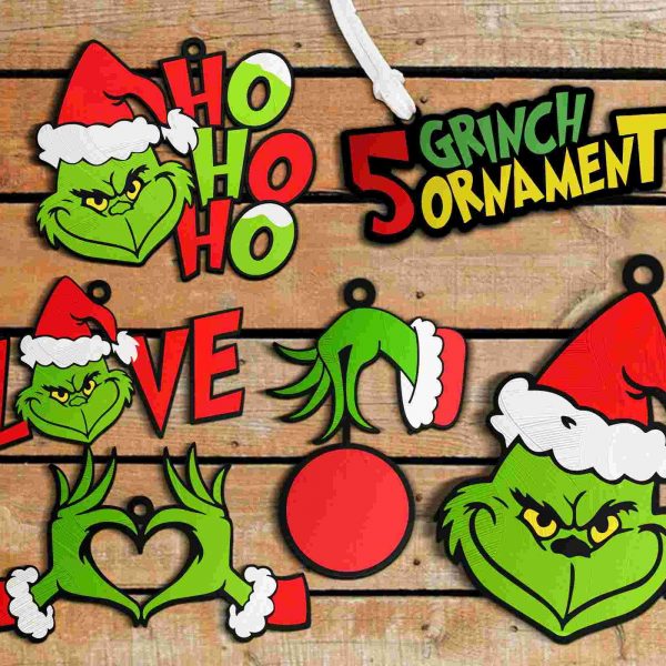 Intricate Grinch Face Ornament Laser Cut Wood Holiday Design SVG