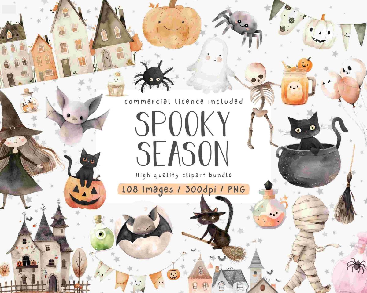 Mega Halloween Clipart Bundle Watercolour Illustrations for