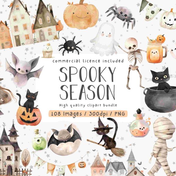 Mega Halloween Clipart Bundle Watercolour Illustrations for