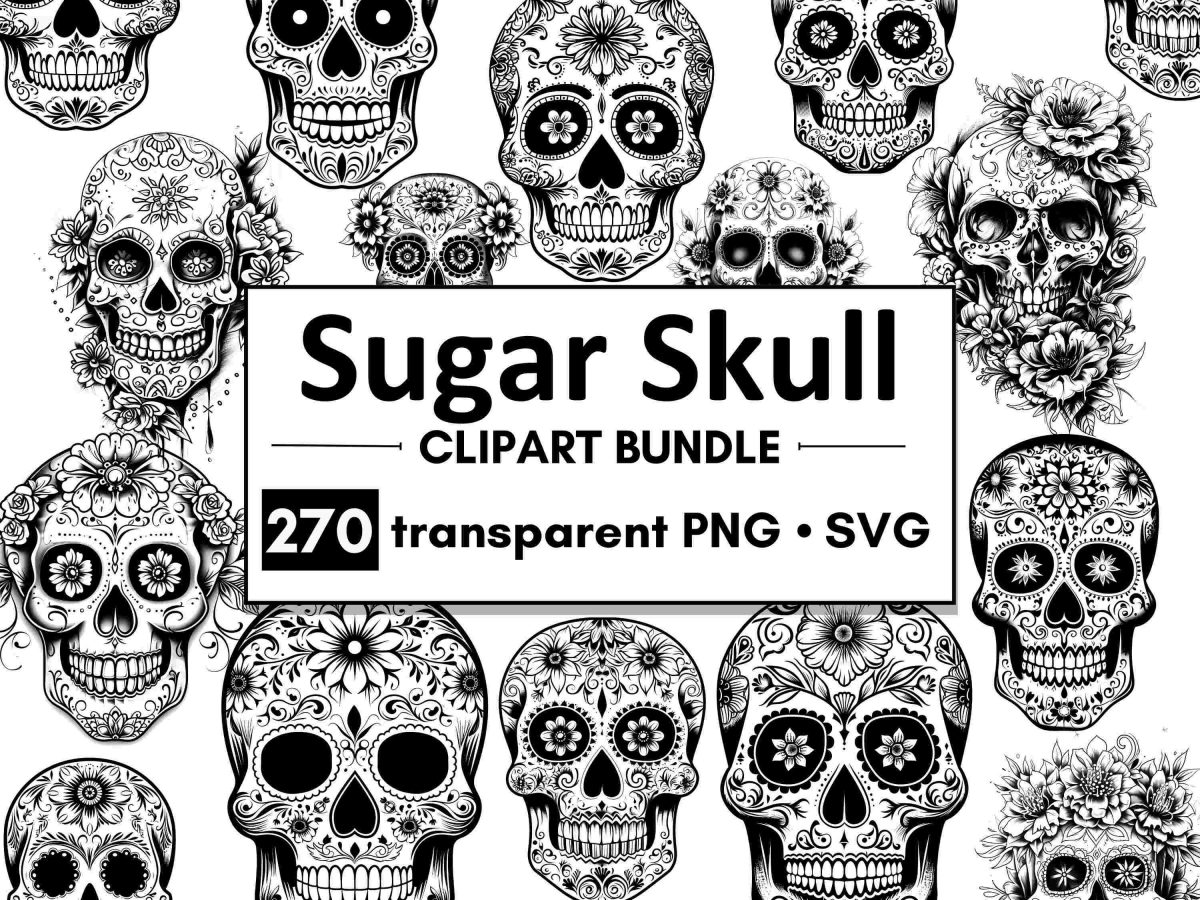 Mexican Sugar Skull Clipart Bundle PNG SVG Commercial Use Black