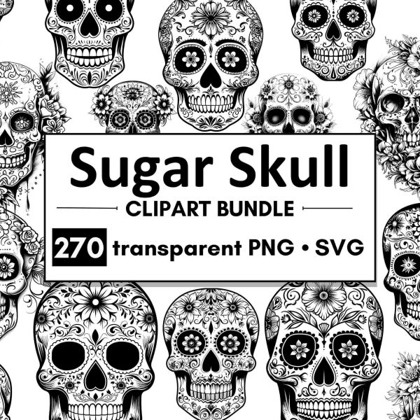 Mexican Sugar Skull Clipart Bundle PNG SVG Commercial Use Black