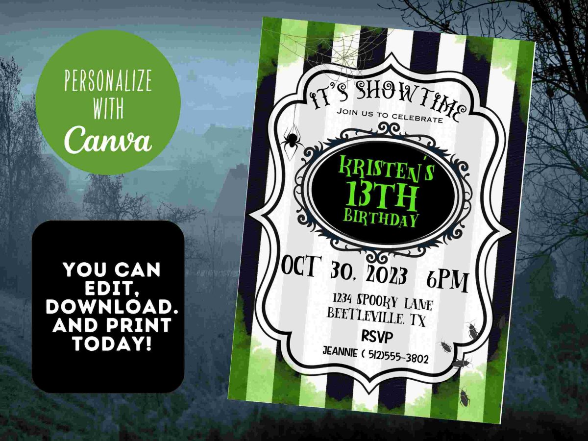 Monochrome Striped Birthday Invite Beetle Juice SVG Editable Spooky