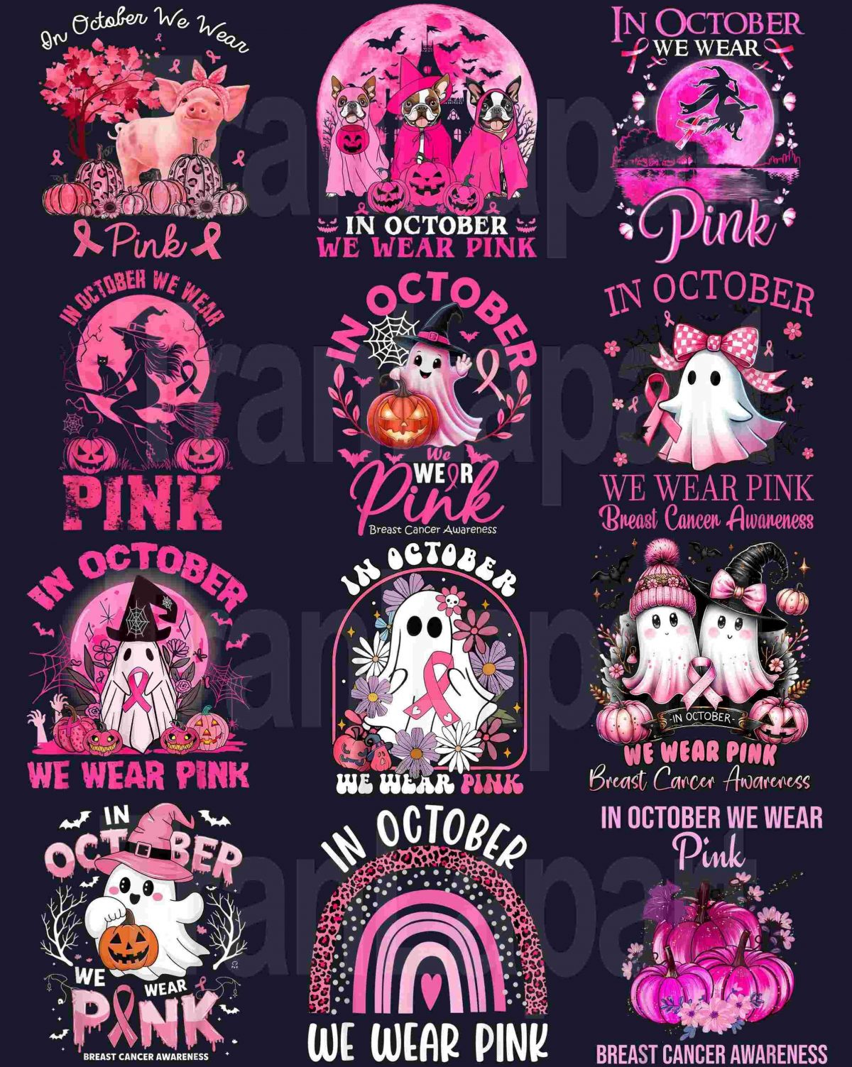 October Pink Witch Ghost Breast Cancer Awareness Pack Pink Ribbon