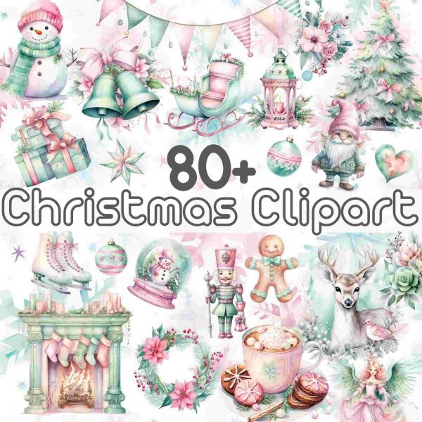 Pastel Christmas Clipart Bundle 80 Pink Mint Snowman SVG PNG