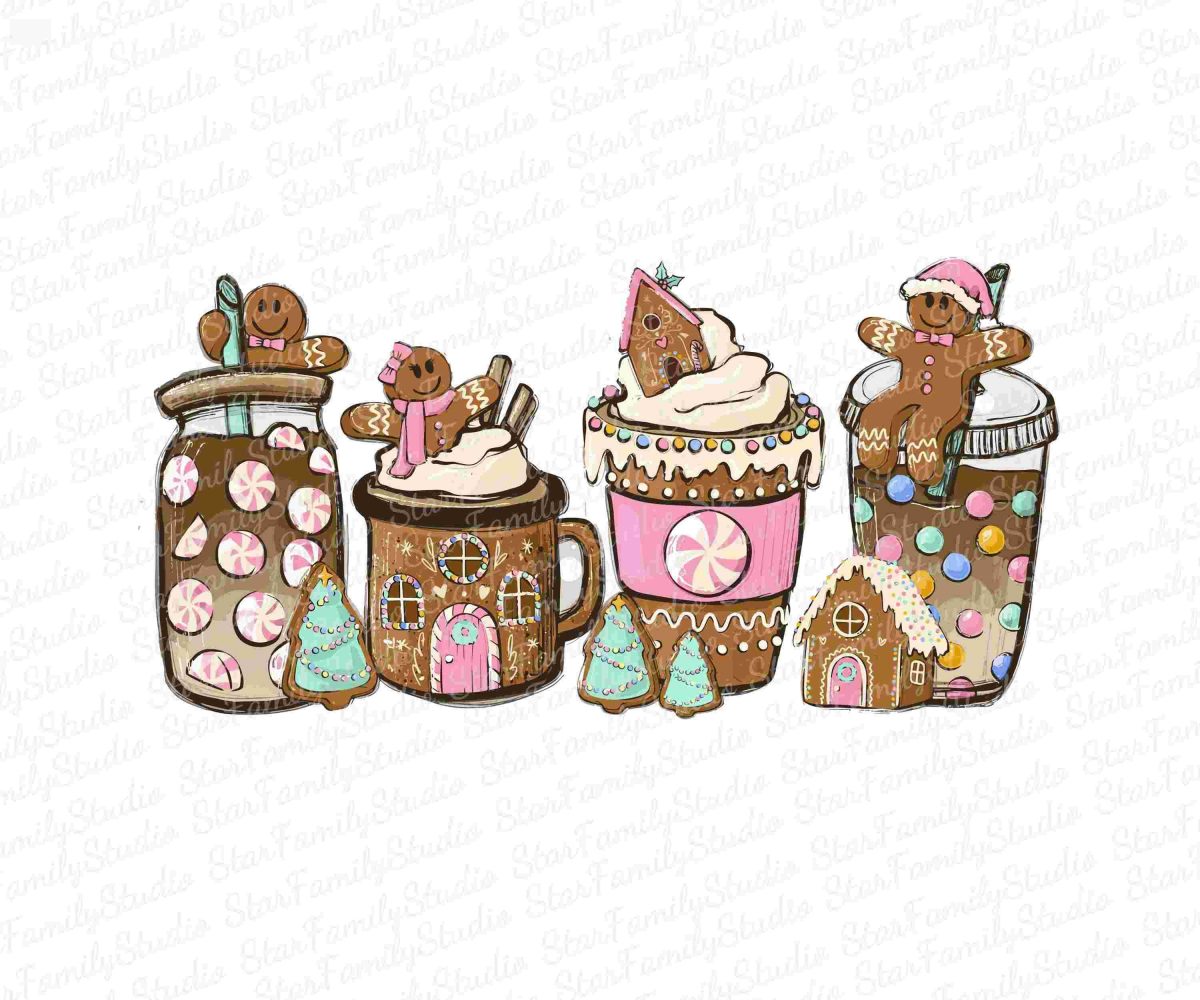 Pink Gingerbread coffee PNG, Christmas houses peppermint iced latte sweets snow cozy Sublimation design hand drawn Printable file Tshirt