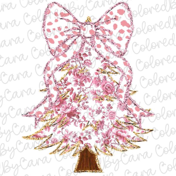 Pink Grand millennial Coquette gold glitter Christmas tree chinoiserie png girls christmas design dtf bow acrylic brushstroke pink Christmas