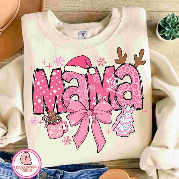 Pink Mama christmas png, mama png, christmas png, Pink Coquette Christmas png, Merry Christmas png, christmas doodles png, merry and bright