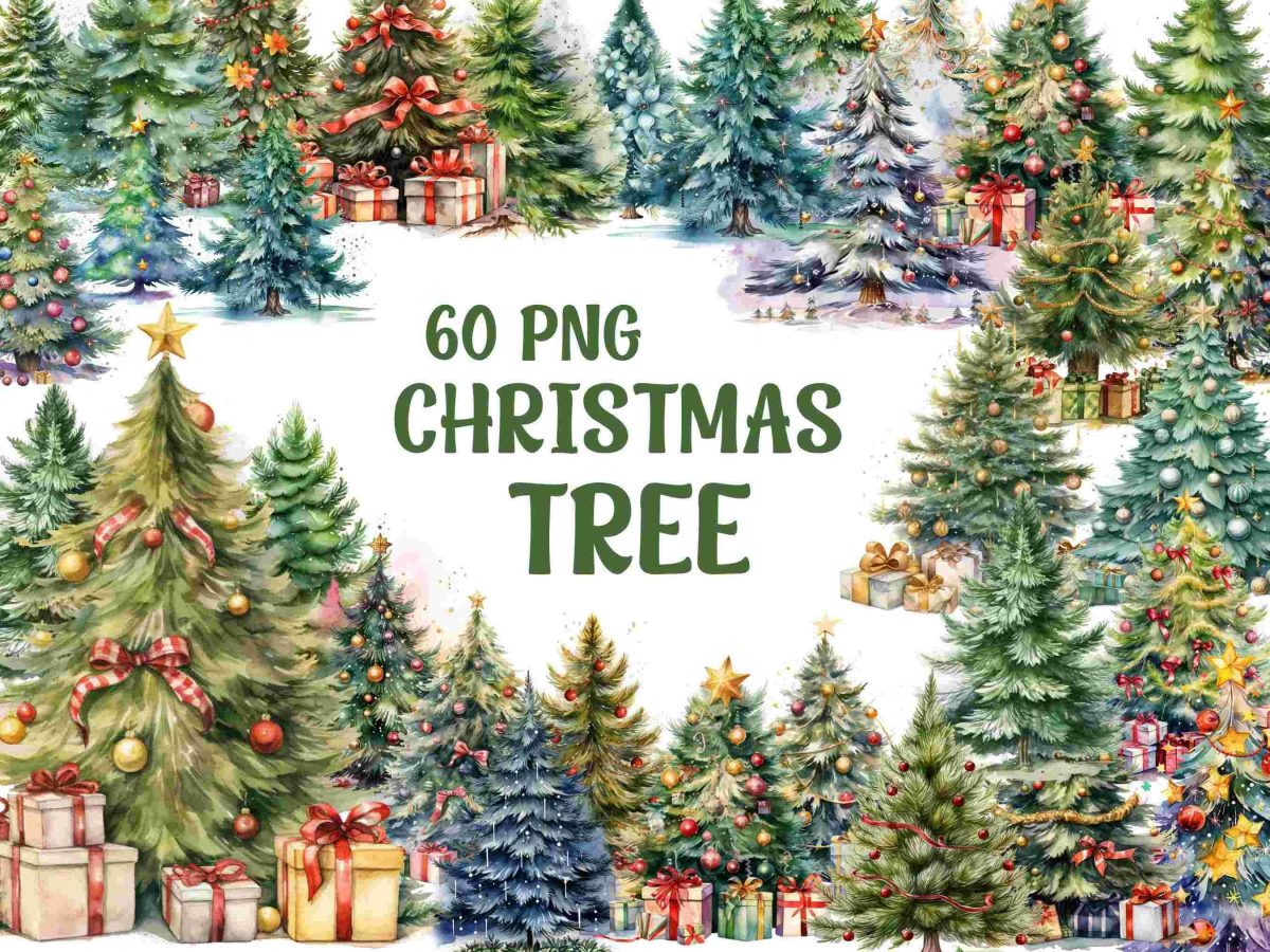 Premium Watercolor Christmas Tree Bundle 60 PNG Tree Clipart with