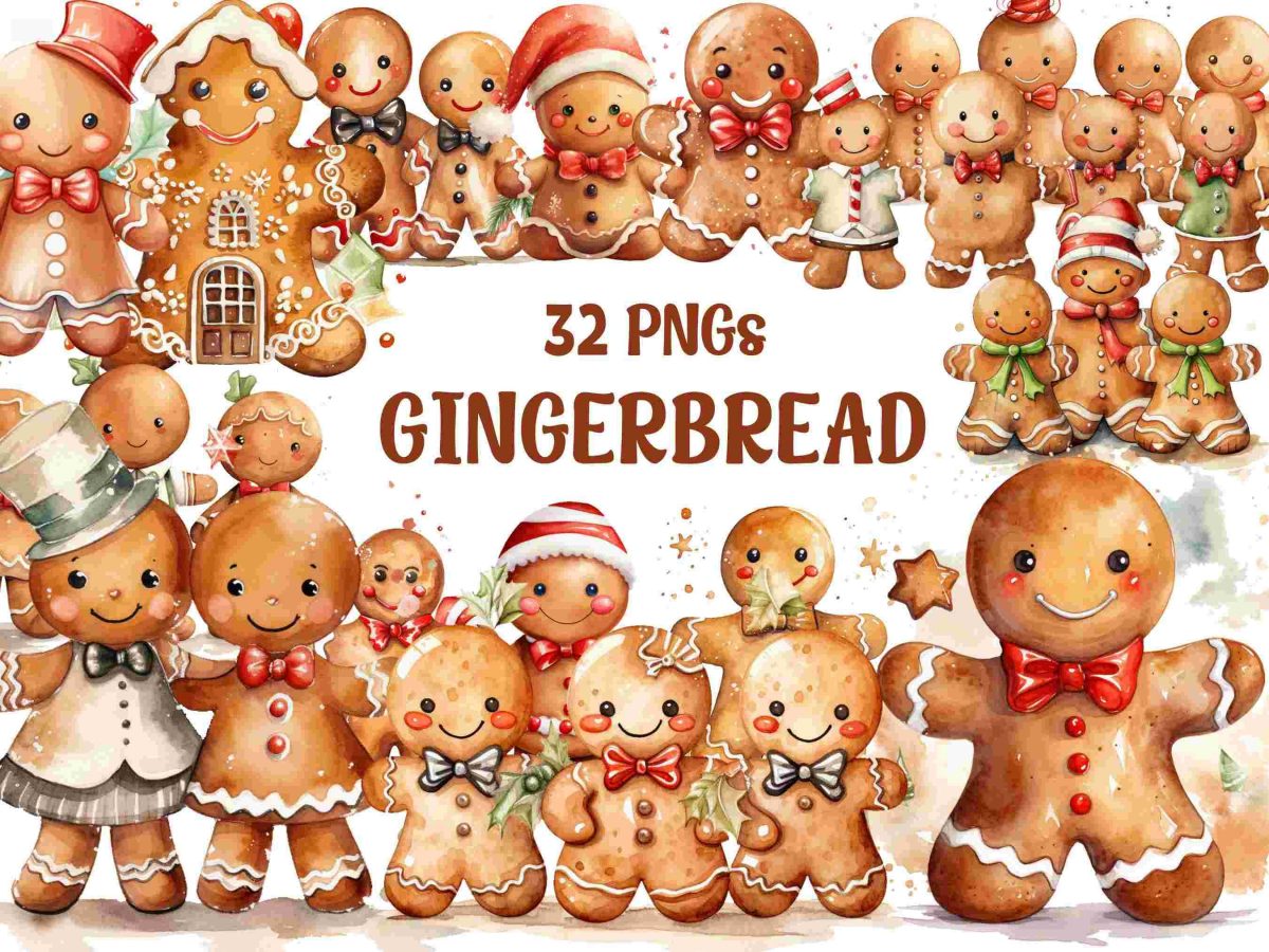 Premium Winter Clipart Bundle Cute Watercolor Gingerbread Man PNG Set