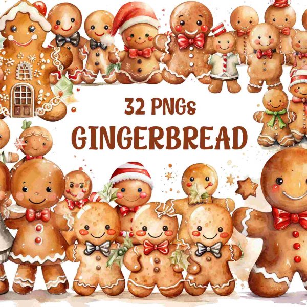 Premium Winter Clipart Bundle Cute Watercolor Gingerbread Man PNG Set