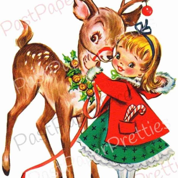 Retro 1950s Christmas Girl Reindeer Card SVG PNG Instant Download