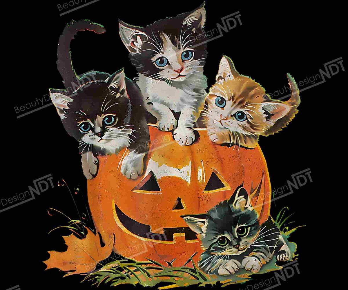 Retro Cat Pumpkin Halloween Season Vintage 90s Spooky Floral png