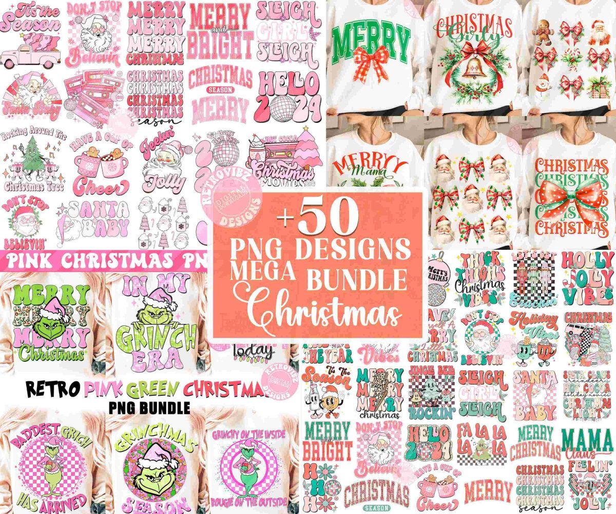 Retro Christmas Shirt Design Bundle Merry Pink Christmas PNGs for