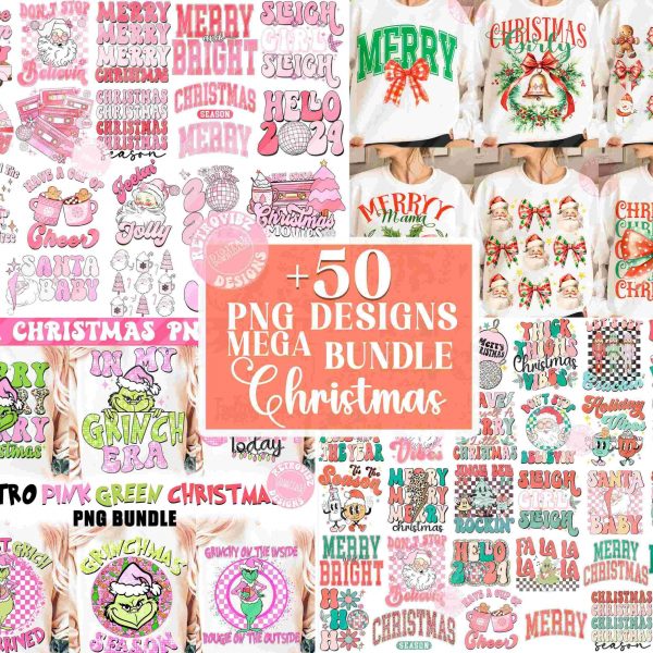 Retro Christmas Shirt Design Bundle Merry Pink Christmas PNGs for