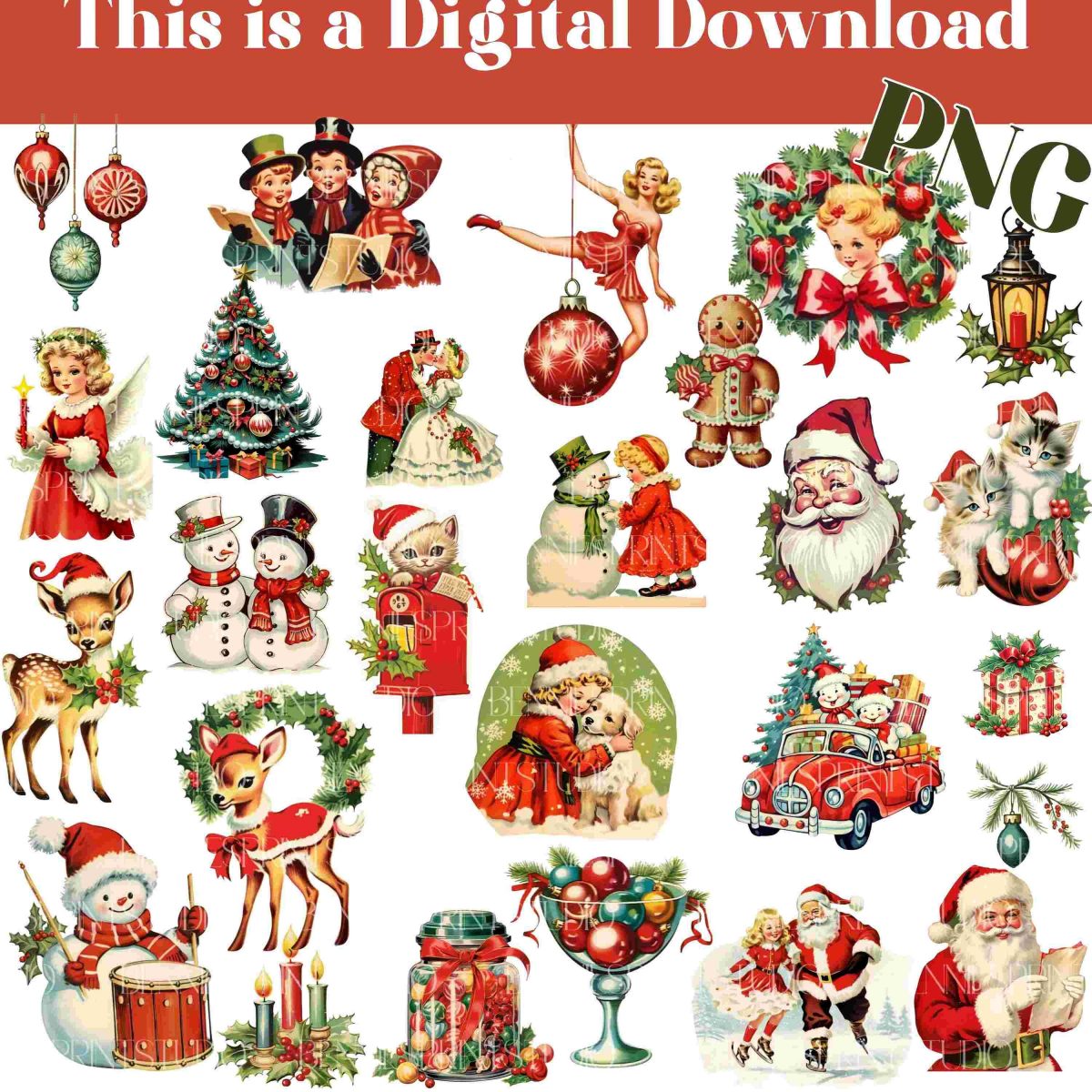 Retro Festive 1950s Christmas PNG Set Santa Illustration Kitsch