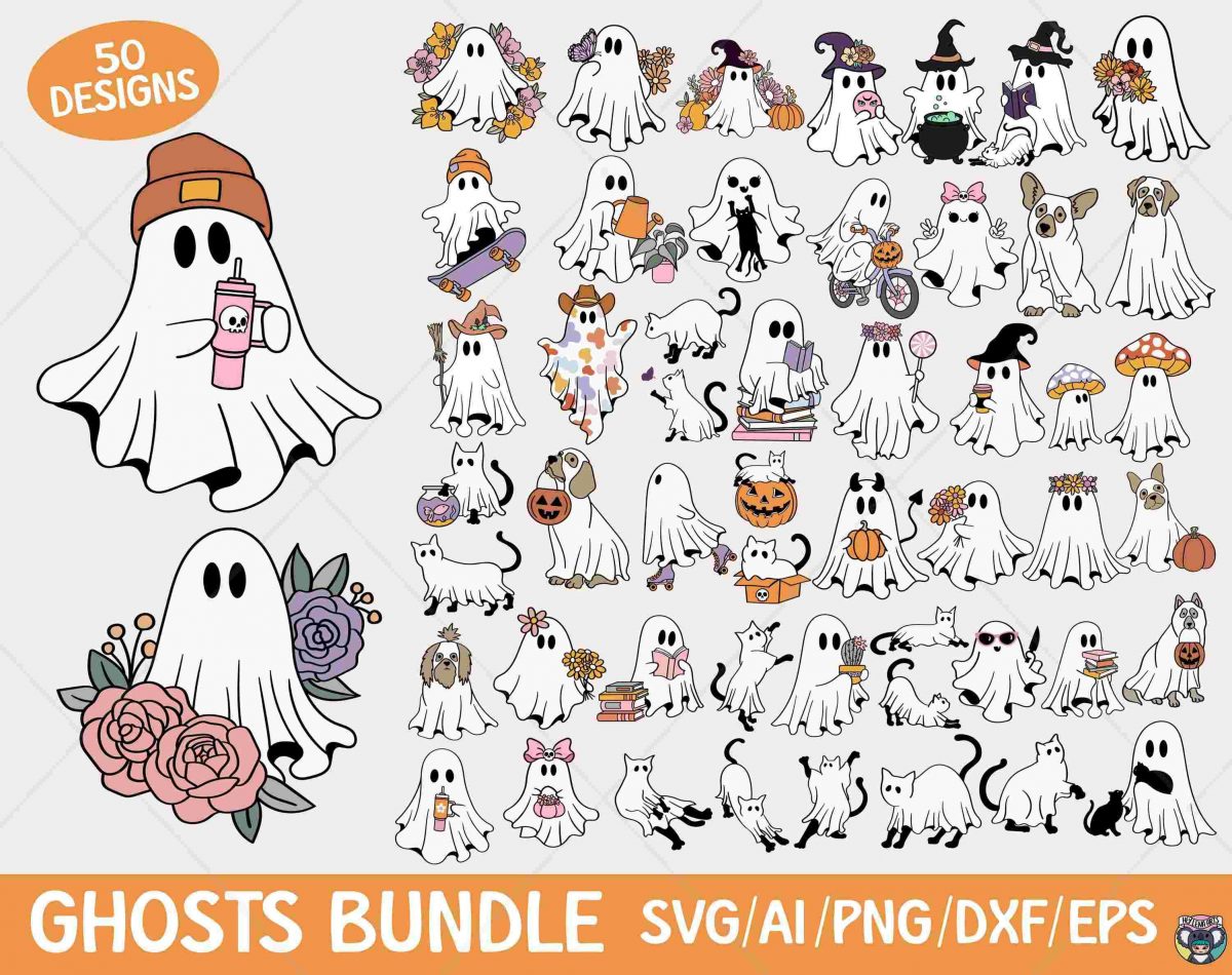 Retro Floral Ghost png Cute Ghost Halloween svg Bundle Dog Ghost svg