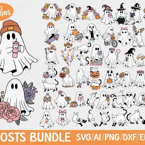 Retro Floral Ghost png Cute Ghost Halloween svg Bundle Dog Ghost svg