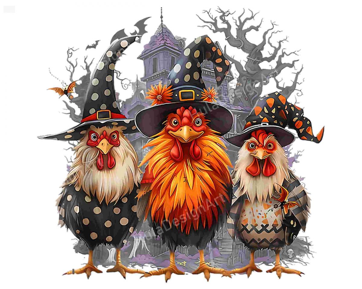 Retro House Chickens Witch Halloween Spooky Autumn Fall png, Retro Chickens Witch Halloween Spooky png, Chicken Halloween png