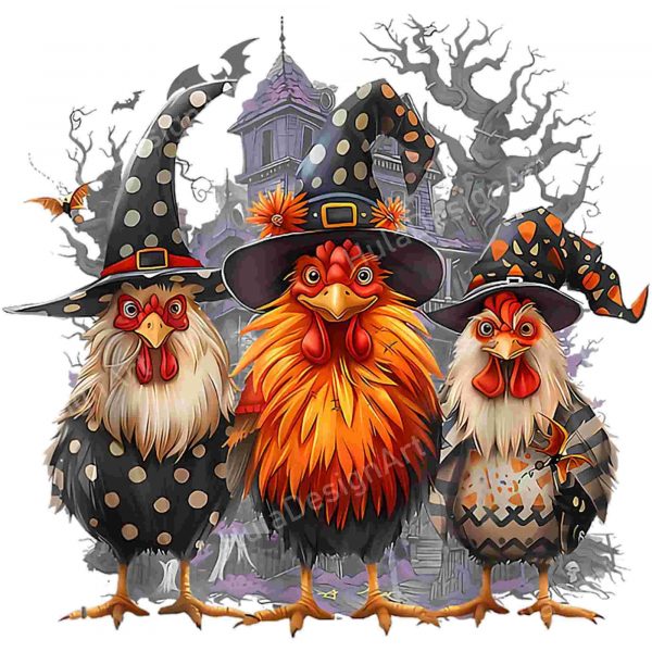 Retro House Chickens Witch Halloween Spooky Autumn Fall png, Retro Chickens Witch Halloween Spooky png, Chicken Halloween png