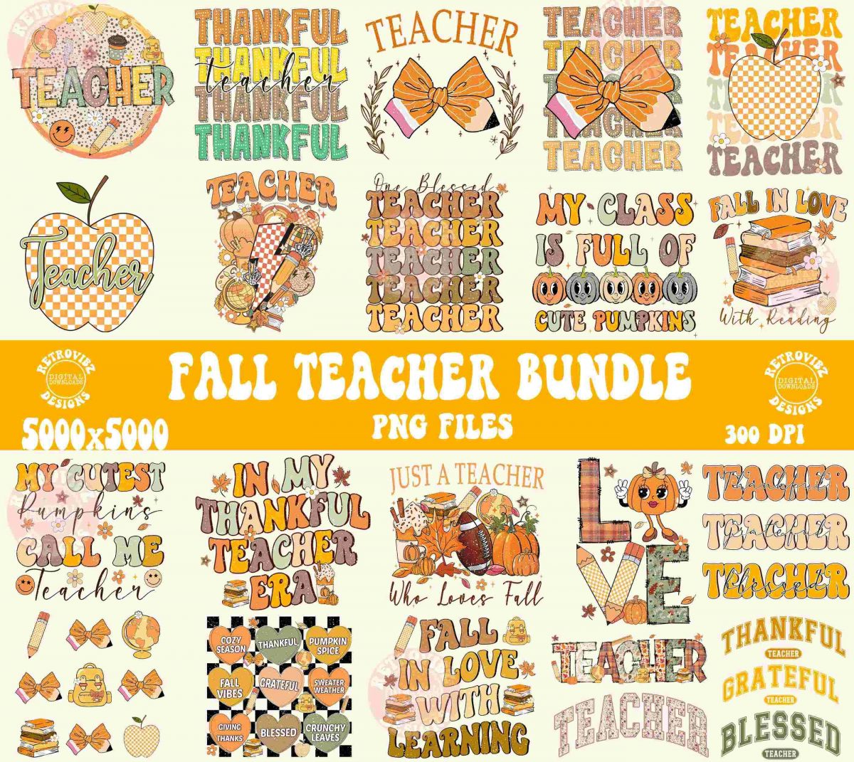 Retro Thanksgiving Teacher SVG Bundle for Fall Sublimation Designs