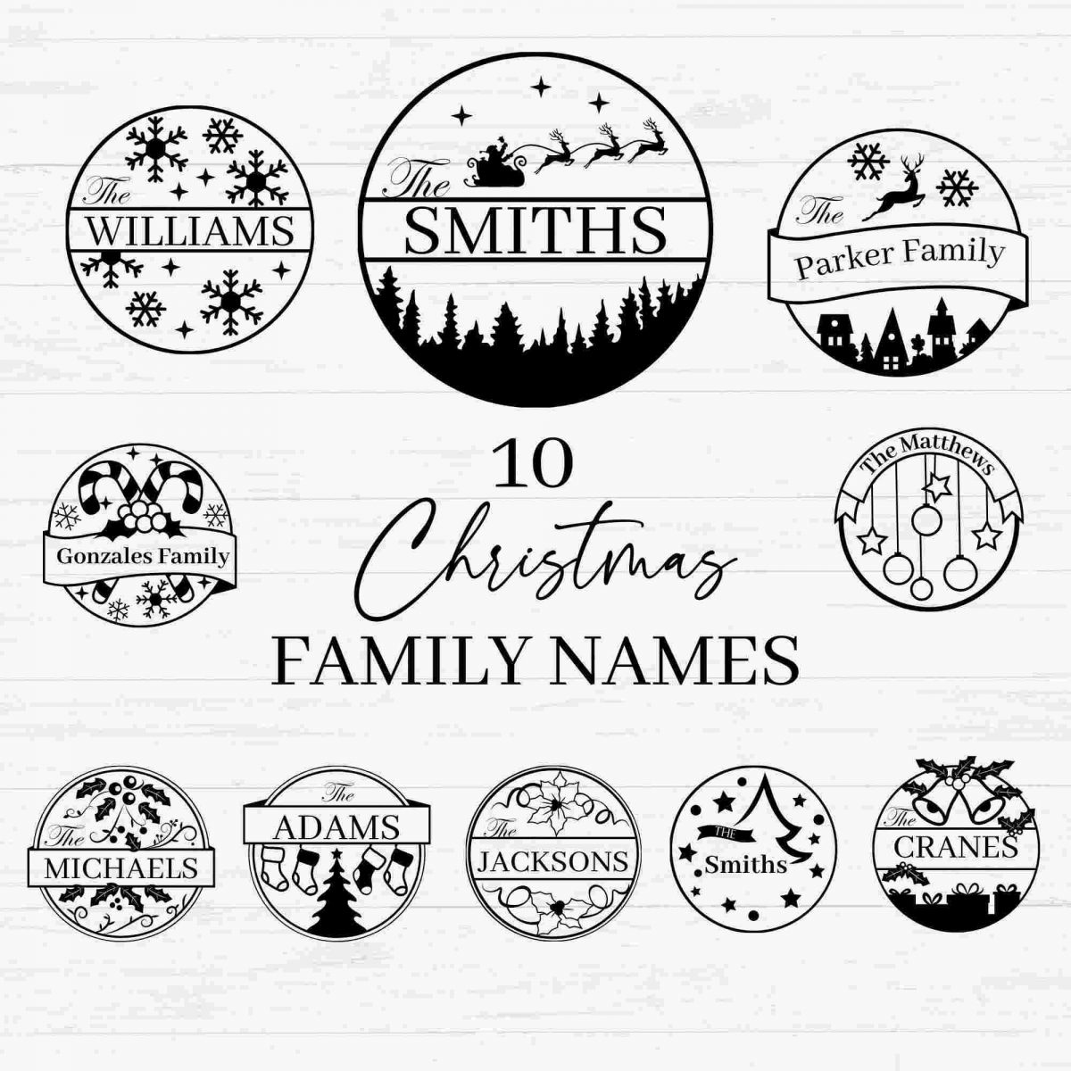 Round Christmas Family Name SVG Bundle Ornaments Signs Monograms