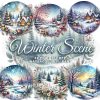 Round Watercolor Winter Scene Clipart Bundle, 32 Winter Scene PNG, Winter Woodland Clipart, Winter Background Clipart, Winter Woodland PNG