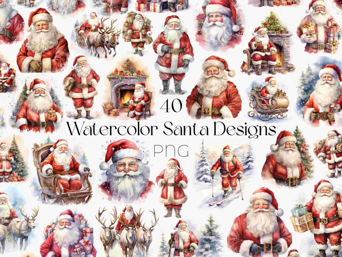 Santa Claus Watercolor Christmas Clipart Bundle SVG