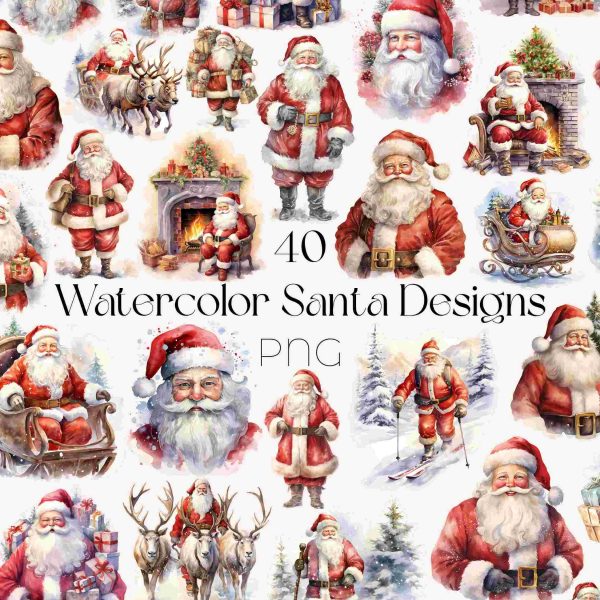 Santa Claus Watercolor Christmas Clipart Bundle SVG