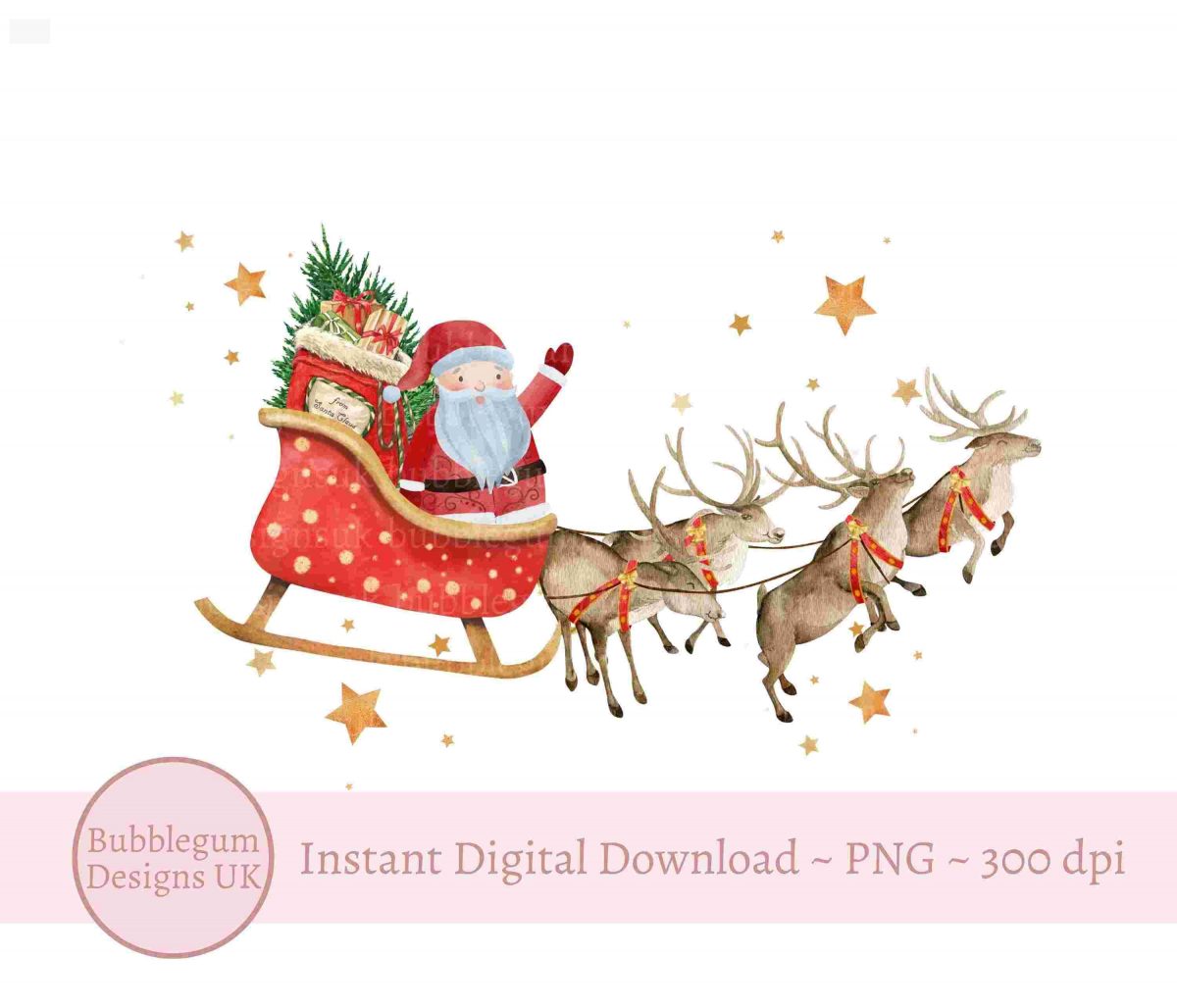 Santa Reindeer Sleigh Christmas PNG, Christmas Clip Art, Santa Sack Design, Christmas Card, Holiday Sublimation, Instant Digital Download