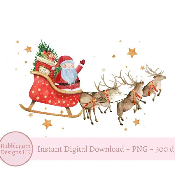 Santa Reindeer Sleigh Christmas PNG, Christmas Clip Art, Santa Sack Design, Christmas Card, Holiday Sublimation, Instant Digital Download