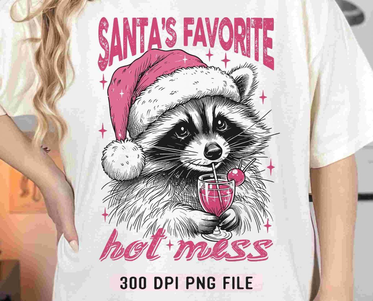 Santas Top Pick Hilarious Christmas Raccoon SVG Festive Drink Hoodie